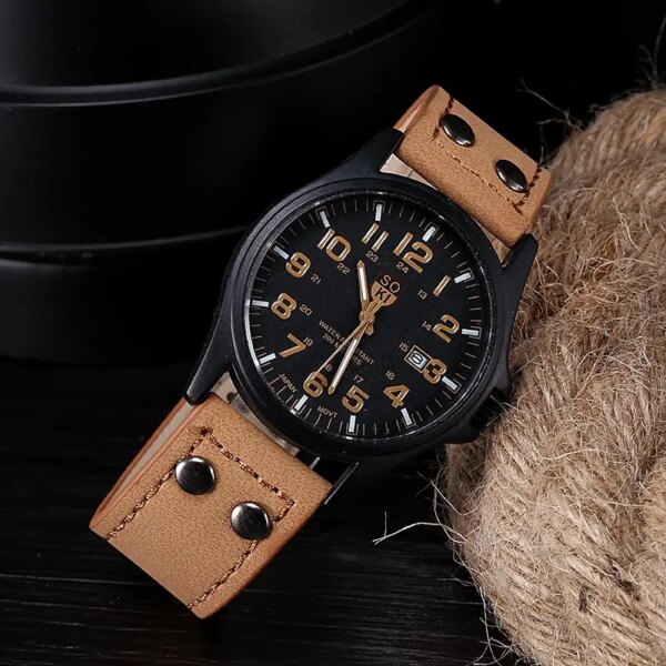 SOKI 1pc Men Brown Quartz Watch With Circular Watch Dial Pointer Leather Date For Sports Daily