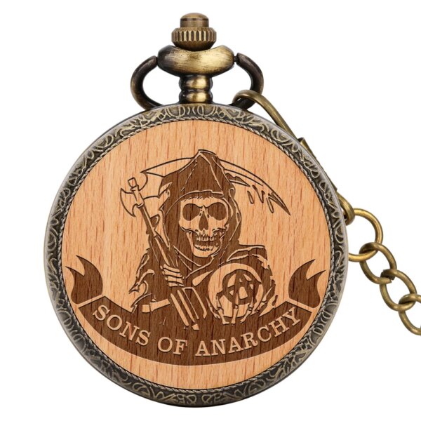 SONS OF ANARCHY Engraved Quartz Pocket Watch Bronze Wooden Case  Antique Fob Chain Necklace Exquisite Pocket Timepiece Male