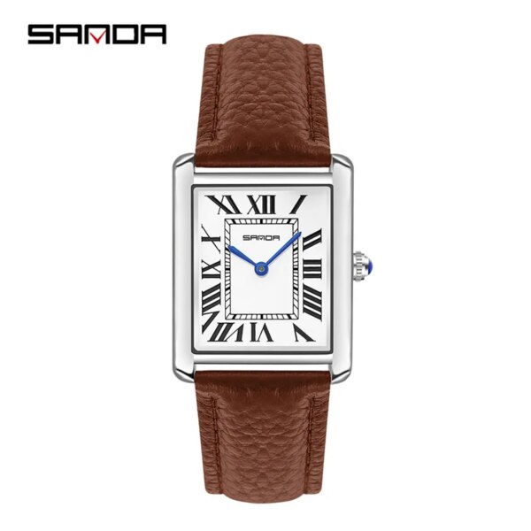 Sanda 1108 2023 Rectangular Couple Watch Silver Case Watch Luxury Brand Fashion Leather Strap Quartz Clock Zegarek damski