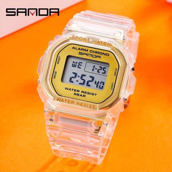 Sanda Cross border Hot selling Square Transparent Watch Band Electronic Watch Multi functional Night Light Waterproof Outdoor