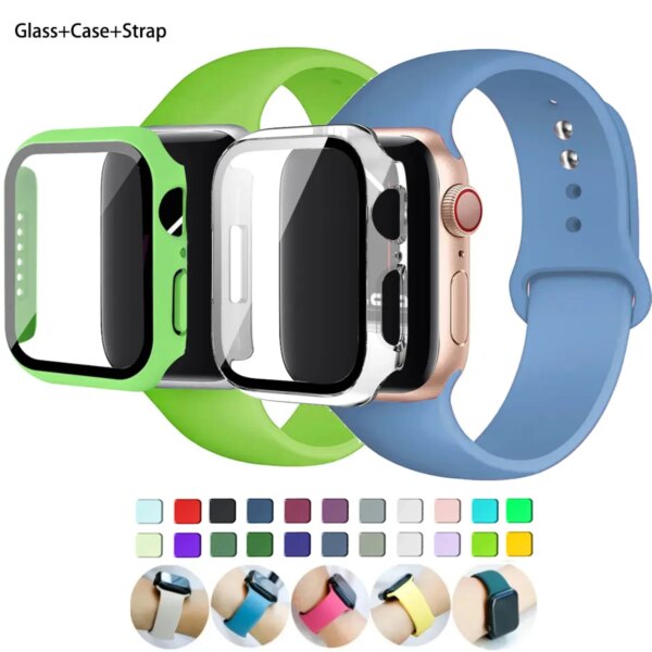 Silicone Strap+Glass+Case For Apple Watch bands 45mm 40mm 44mm 41mm 38mm 42mm sport bracelet iWatch series 8 9 7 6 5 4 3 SE band