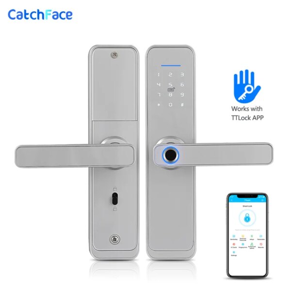 Silver Smart Fingerprint Door Lock  Security Electronic Smart Bluetooth Digital APP Keypad Code FRID Card Keyless Lock