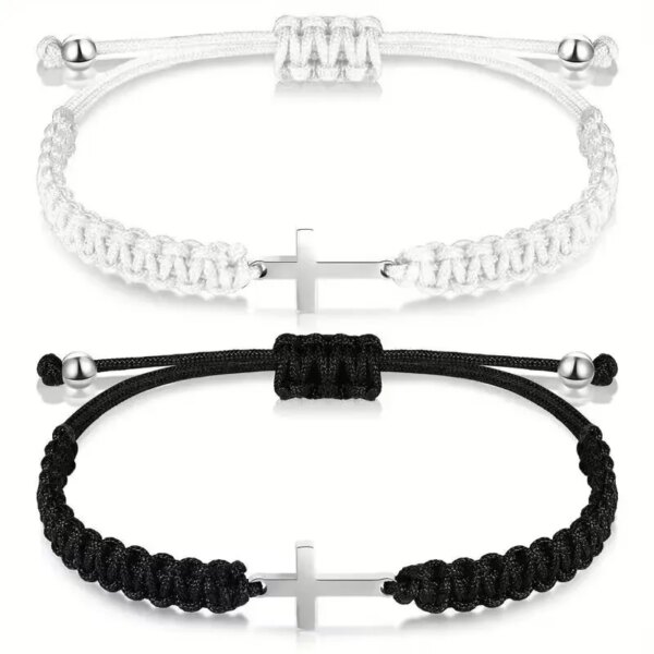 Simple Cross Black White Braided Rope Couple Bracelets Silver Color Adjustable Bracelet Christian Jewelry