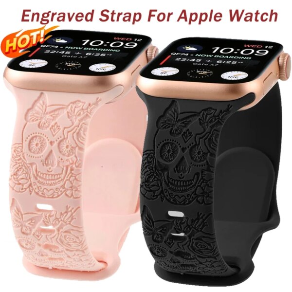 Skull Engraved Strap For Apple Watch Band Ultra 2 49mm 45 44 40 41 42 38mm Silicone Sport Bracelet For iWatch Series 8 9 7 65 SE