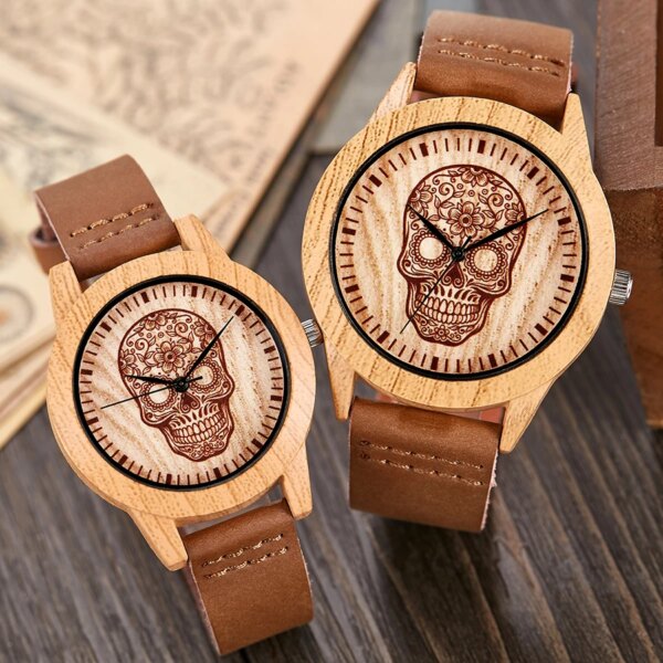 Skull Imitation Wood Watch Men Women Couple Wristwatch Imitate Wooden Watches Acrylic Case Lover Wrist Clock Skull Reloj Uhr