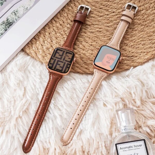 Slim leather strap for Apple Watch band 45mm ultra 2 49mm 41mm 38mm 42mm 40mm 44mm women bracelet iWatch series 9 7 8 SE 6 5 4 3