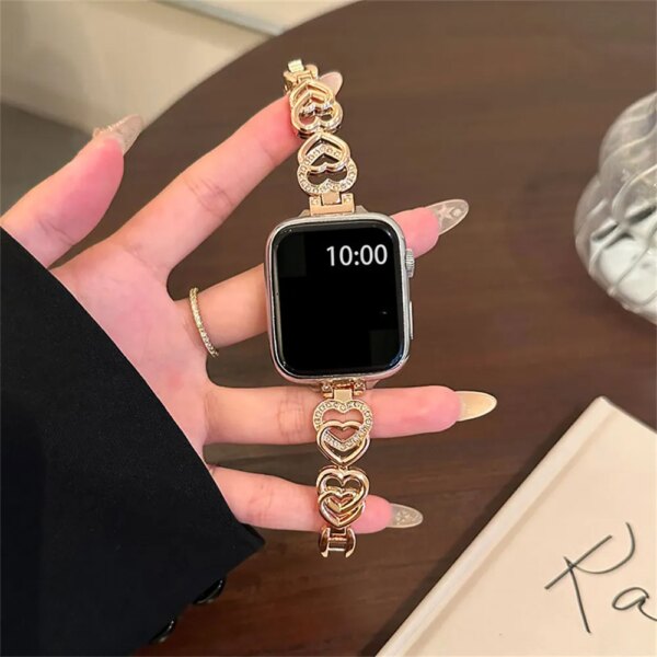 Strap Compatible For Apple Watch 40mm 41mm Lover Heart Bling Band For Women Shiny Diamond Bracelet For iWatch 9 8 7 6 SE 5 45mm