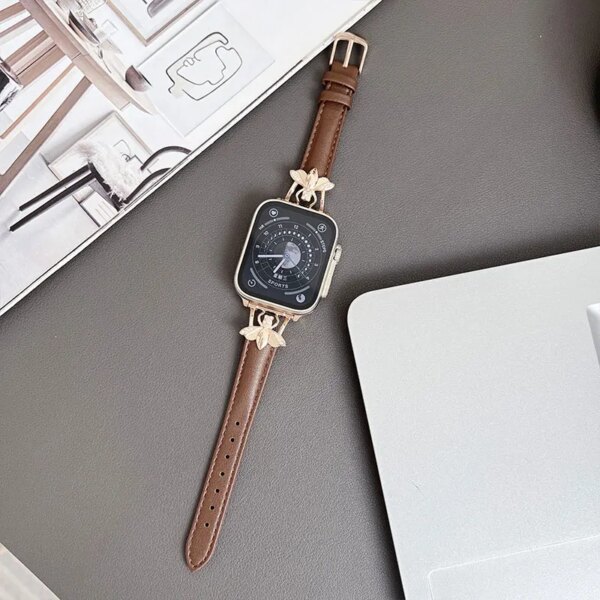 Stylish Bee Leather Strap for Apple Watch Band Ultra 2 49mm 41mm 45mm Slim Buckle Wristband for iWatch 9 8 7 6 SE 44mm 42mm 40mm