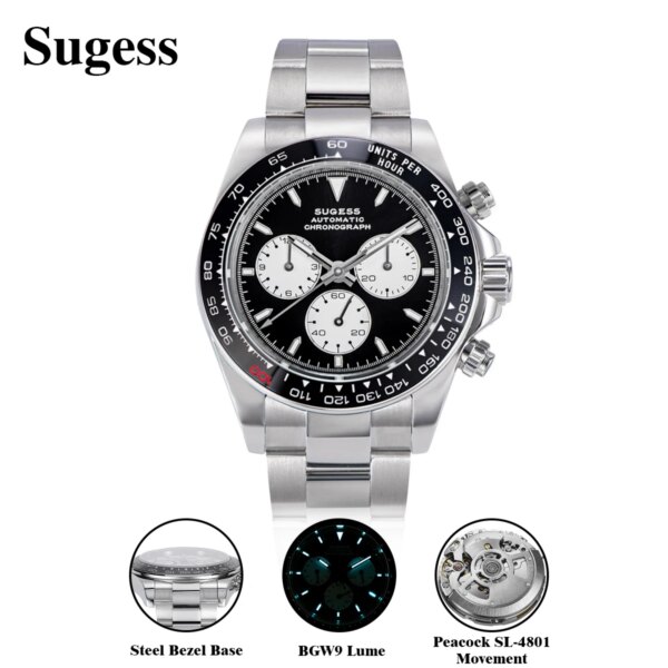 Sugess Panda Diver Chronograph Mens Watch Automatic Peacock SL-4801 Movement Luxury Waterproof Mechanical Wristwatches 2024 New