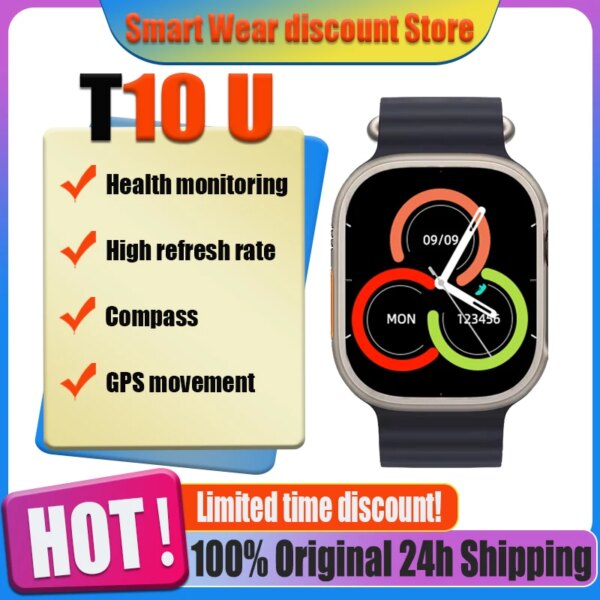 T10 U 49mm 2.09inch Smart Watch Wireless Charging Blutooth Call Smart Watch with Strap Lock Real Screw Heart Rate Sport