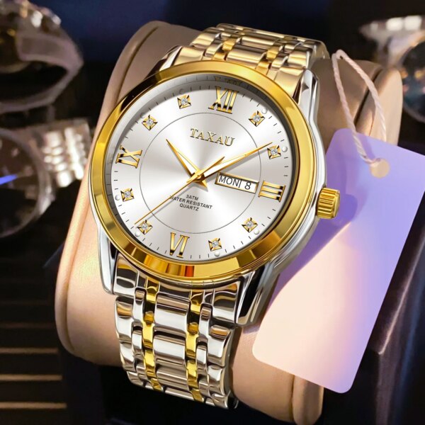 TAXAU Top Brand Watch for Men Stainless Steel Fashion Business Wrist Watch Men Waterproof Luminous Dual Calendar Male Watch