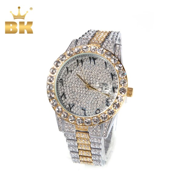 THE BLING KING Big Dial Arabic Numerals Mens Watches Luxury Male Iced Out Watch 18K Gold For Men Classic Jewelry For Gift