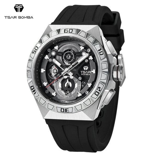 TSAR BOMBA Luxury Watch for Men Quartz Big Wristwatch Top Brand Clock Rubber strap Chronograph Sapphire Waterproof Mens Watches