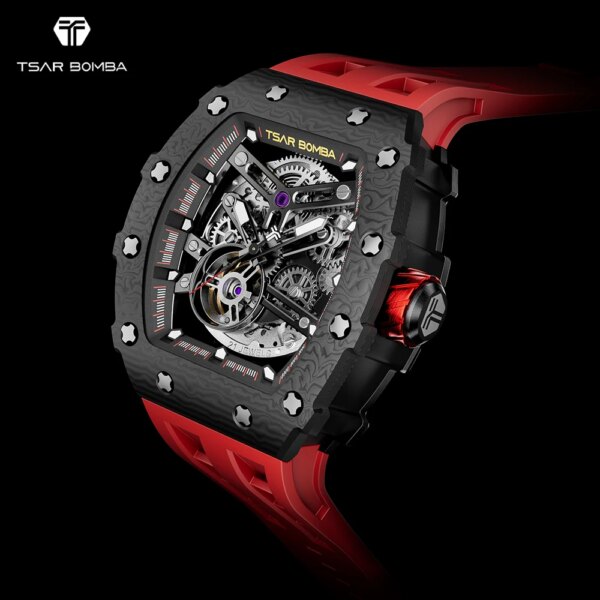 TSAR BOMBA New Skeleton Mechanical Watch Carbon Fiber Waterproof Mens Watches Top Brand Luxury Sport Male Automatic Wristwatches