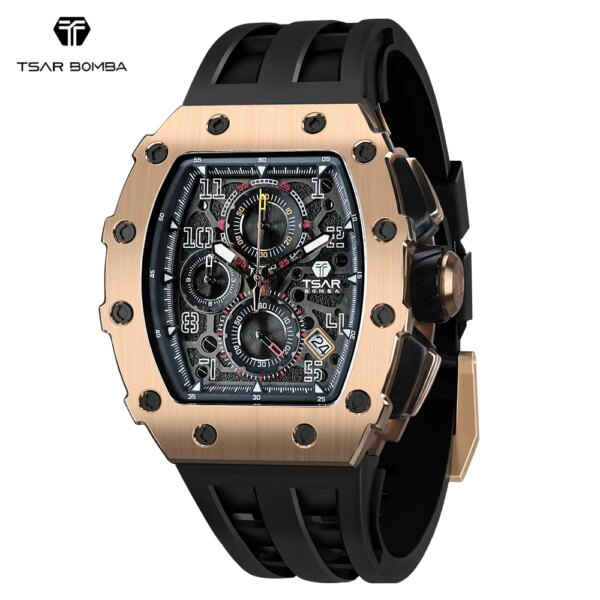 TSAR BOMBA Tonneau Mens Watch Quartz Rectangle Luxury Wristwatch Waterproof Chronograph Fashion Sapphire Clock Watch for Man