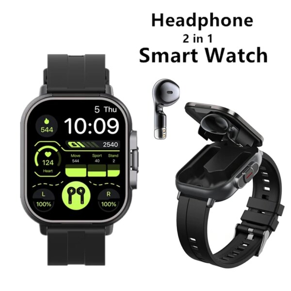 TWS 2 In 1 Smart Watch with Wireless Bluetooth Headset Calling Smart Watch Men Women Health Monitoring Wrist Watch With Earbud