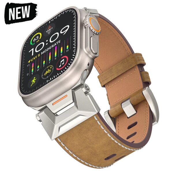 Titanium Color Connector+Genuine Leather Strap for Apple Watch Ultra 2 49mm 45mm 42mm 44mm Band for Iwatch Series 9 8 7 6 5 4 Se