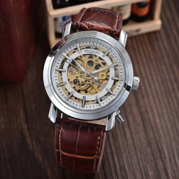 Top Brand Luxury Automatic Mechanical Skeleton Watches PU Leather Fashion Casual Men Watches Relogio Masculino Winner GOER