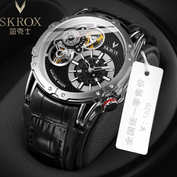 Top Brand SKROX Punk Skeleton Watch Luxury Automatic Self-Wind Mechanical Wristwatches Men Large Dial Tourbillon Luminous Clock