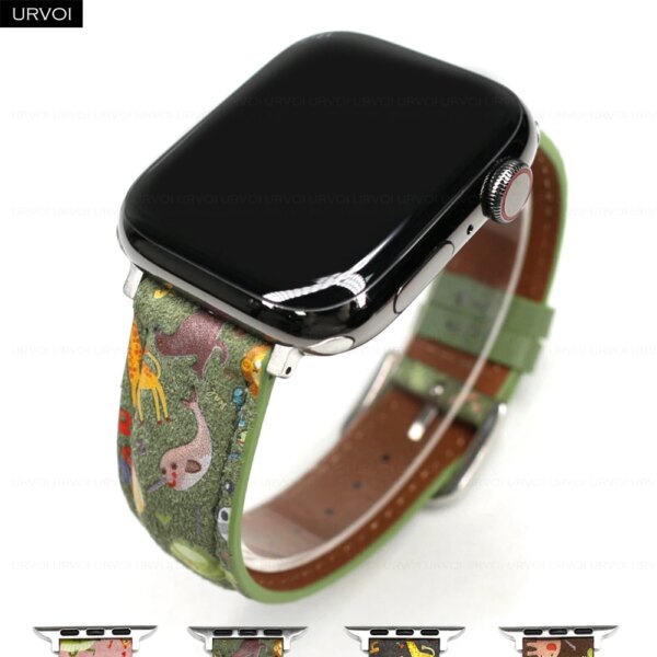 URVOI Band for Apple Watch Series 9 876 SE 54 Genuine leather strap for iWatch Animals pattern design stylish wrist band girl