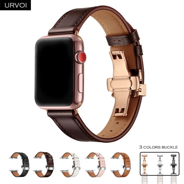 URVOI Deployment Buckle band for Apple Watch ultra 2 Series 9 8 7 6 SE 5 leather strap for iwatch Single Tour butterfly buckle