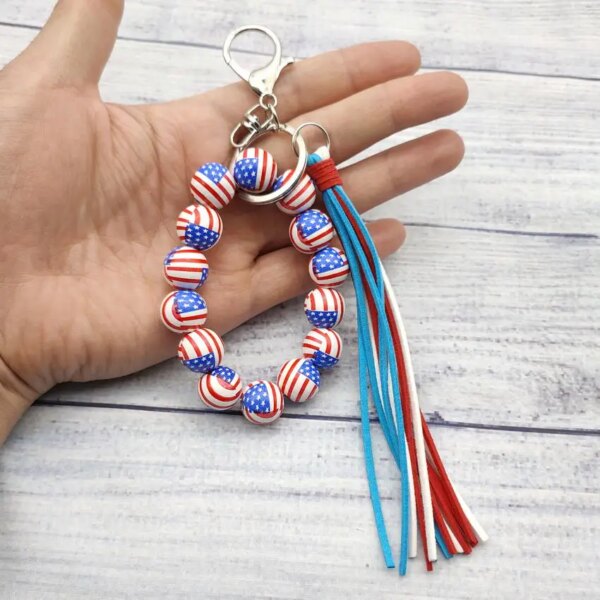 USA Flag Print Wooden Beaded Baseball Keychain with Red White Blue Tassel Basketball Sport Key Chain Sport Key Rings Mom Gifts