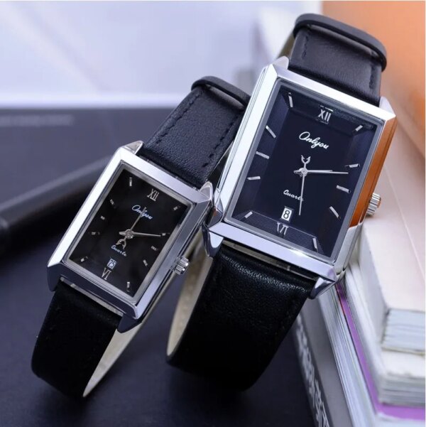 Ultra-thin calendar belt waterproof men and women Korean style rectangular lady quartz couple watch with leather watchbelt