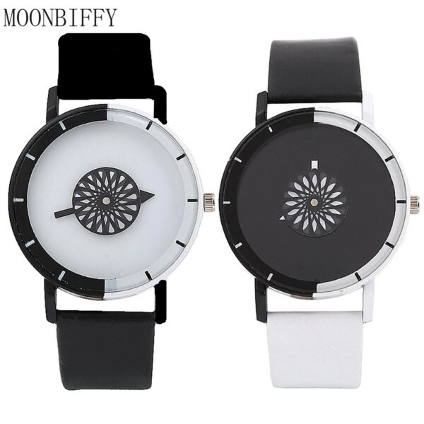 Unique Minimalist Personality Black White No Number Watches Fashion Simple Faux Leather Band Quartz Wristwatch Couple Watch