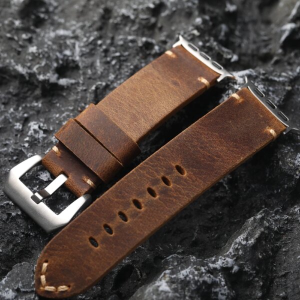 Vintage Tan Crazy Horse Leather Bracelet 42MM 44MM 45MM 49MM Suitable For Apple 6 7 S8 Ultra Thick Cowhide Watch Strap