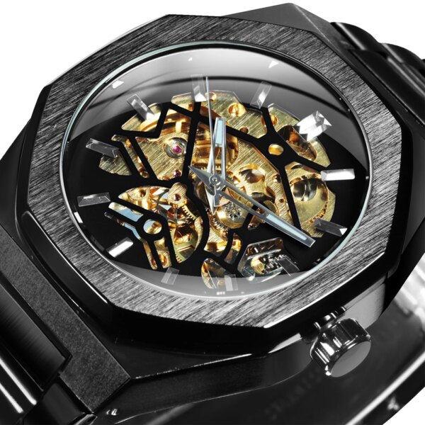 WINNER Black Gold Skeleton Mechanical Watches for Men Fashion irregular Automatic Watch Luxury Brand Stainless Steel Strap 2023