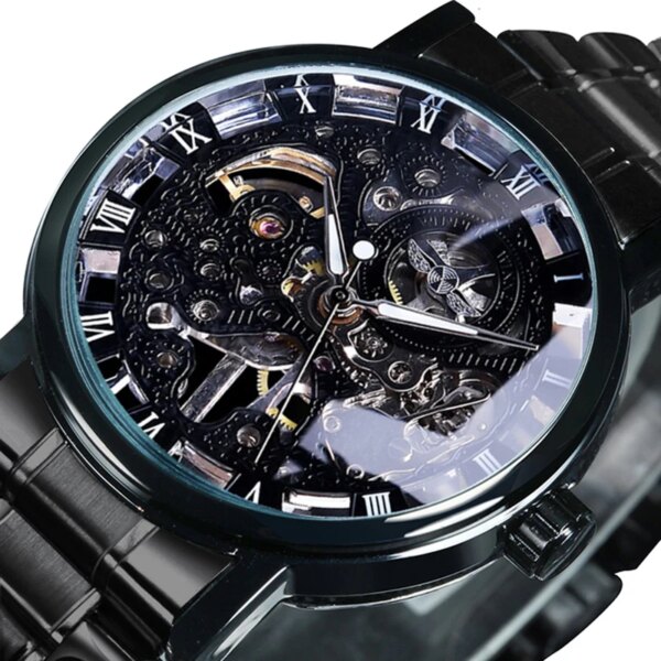 WINNER Black Skeleton Mechanical Watch for Men Luminous Pointers Busienss Automatic Watches Luxury Brand Stainless Steel Strap