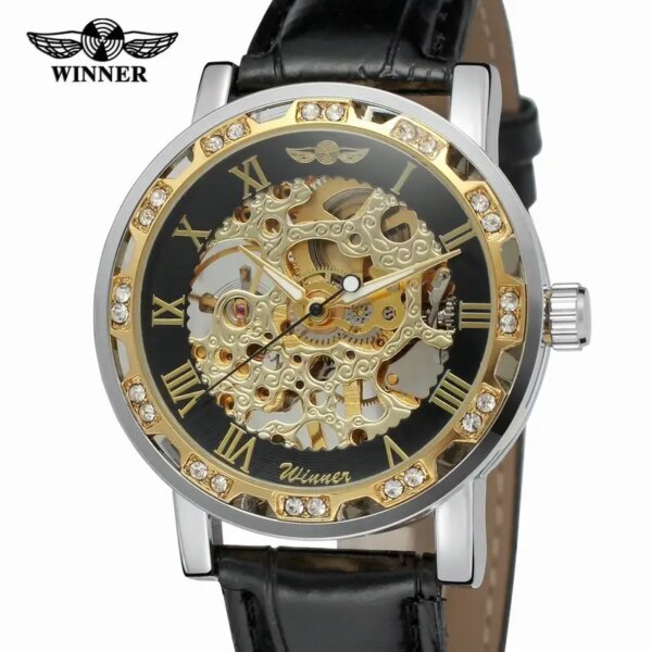 WINNER Gold Skeleton Watch Retro Designer Diamond Black Leather Casual Women Watch Luxury Top Brand Hand Wind Mechanical Watches