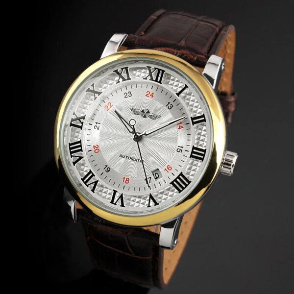 WINNER Top Brand Gold Sport Wristwatches Rome Number Fashion Men Self wind Automatic Mechanical Calendar Leather Watch Clock