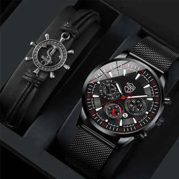 Watches for Mens Black Watches Calendar Stainless Steel Mesh Belt Watch Fashion Business Quartz Wristwatch With Men Bracelet