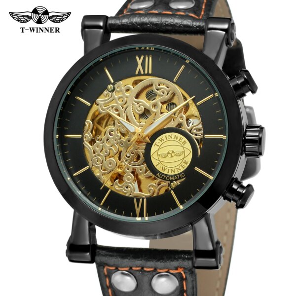 Winner Top Brand Luxury Elegant Antique Watches Golden Skeleton Automatic Man Clock Mechanical Rome Number Leather Wristwatches