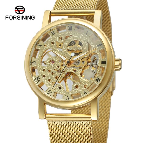 Winner Top Brand Luxury Mesh Stainless Steel Band Transparent Classic Thin Case Transparent Skeleton Mens Mechanical Wrist Watch