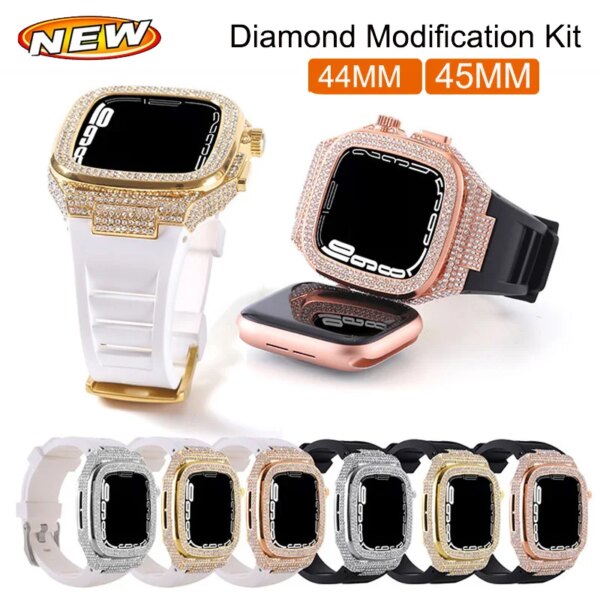 Women Diamond Modification Kit For Apple Watch Band 45MM 44MM Rhinestone Metal Case+Rubber Strap iWatch Series 9 8 7 6Bracelet