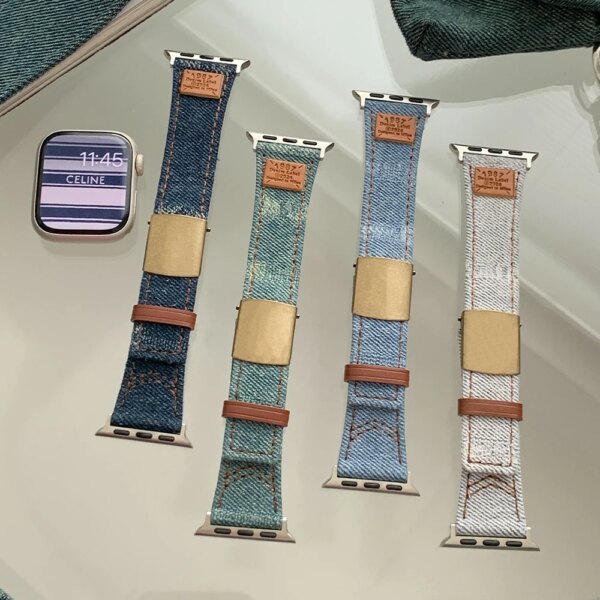 Women Leather Strap for Apple Watch 40mm 41mm 42mm 44mm 45mm Cute Denim Cloth Band for Iwatch Series 9 8 7 6 5 4 Se 3 38mm 49mm