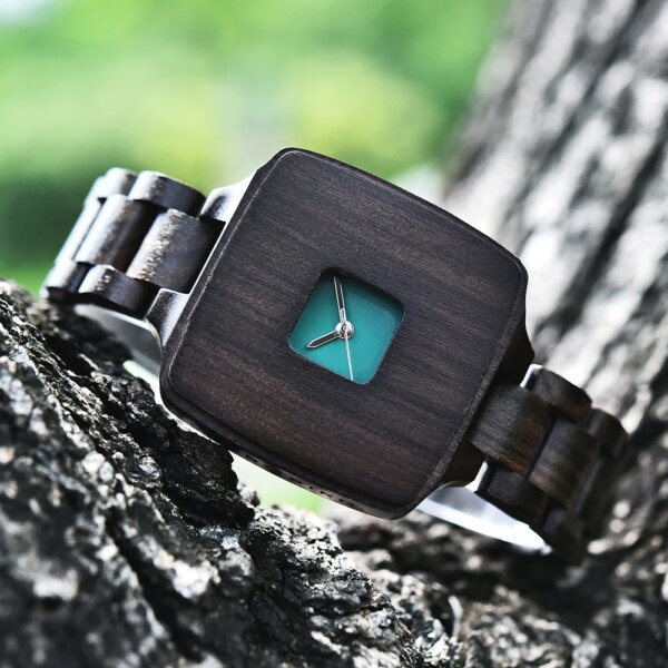 Women Wood Watch Delicate Ladies Stylish Square Ebony Wood Wristwatches Her Wooden Timepieces for Party Dress Clock Montre Femme