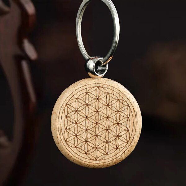 Wooden Flower of Life Charm Keychain Geometric Datura Stramonium Yoga Pendant Keyring Chain Men Car Key Accessories Jewelry Gift