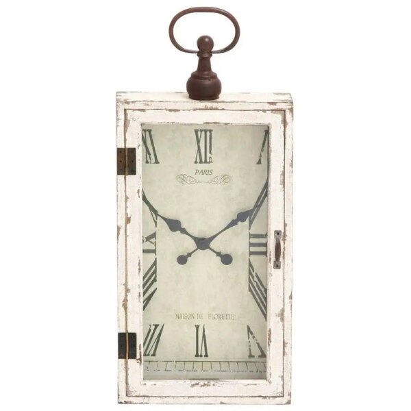 Wooden Vintage Pocket Watch Style Wall Clock Ivory White 12x4x28 Inches Roman Numerals Glass Door Hinged Cabinet Design Jumbo