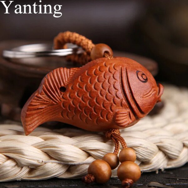 Yanting Cute Wood Fish Keychain Peach Pendant Fish Vintage Charms Wooden keychain Gift Car Key Chain Women Men Jewelry       014